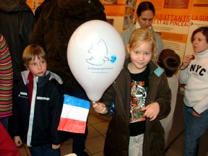 Drapeau tricolore et ballon  l'effigie du Bleuet.